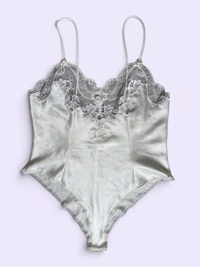 Vintage 1980s Christian Dior Ivory Satin Lace Teddy Bodysuit Lingerie Medium M